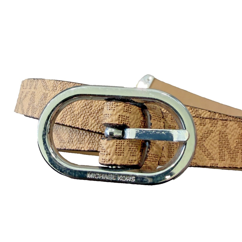 Michael Kors Brown Tan Beige Logo Synthetic Skinny Thin Belt MK Size Large